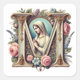 Religieuze Maagd Maria "M" Katholieke Vintage Bloe Vierkante Sticker
