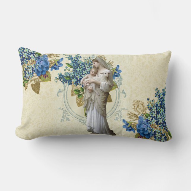 Religieuze maagd Mary Baby Jesus Lamb Floral Kussen (Voorkant)