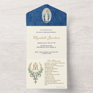 Religieuze Maagd Mary Blue Floral Birthday All In One Uitnodiging