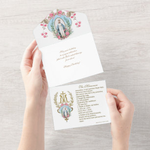 Religieuze Maagd Mary Blue Floral Birthday All In One Uitnodiging