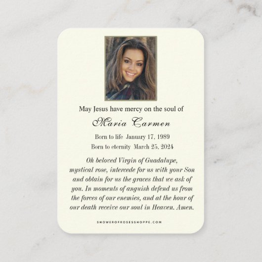 Religieuze maagd Mary Guadalupe katholieke begrafe Plaatskaartje (Achterkant)