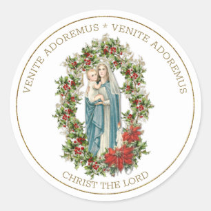 Religieuze maagd Mary Jesus Kerstmis Poinsettias Ronde Sticker