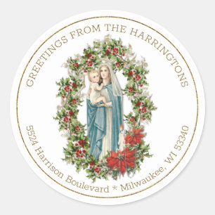Religieuze maagd Mary Jesus Kerstmis Poinsettias Ronde Sticker