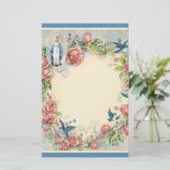 Religieuze Maagd Mary Roze Roses Blue Birds Briefpapier (Staand voorkant)