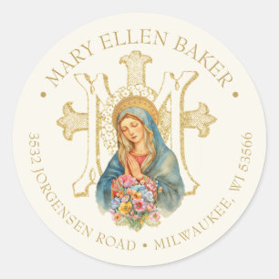 Religieuze Moeder Mary Gold Marian Cross Ronde Sticker