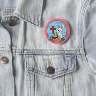 Religieuze Paashaas met Kruis en Bloemenei Ronde Button 5,7 Cm