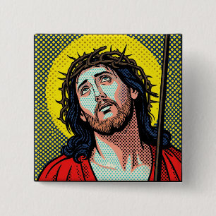 Religieuze Pop Art Doornenkroon Halftone Stripverh Vierkante Button 5,1 Cm
