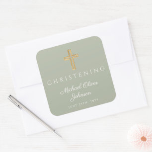 Religieuze saliegroene houten doopkruis vierkante sticker