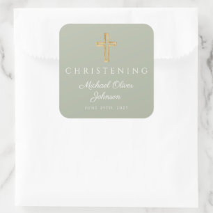 Religieuze saliegroene houten doopkruis vierkante sticker