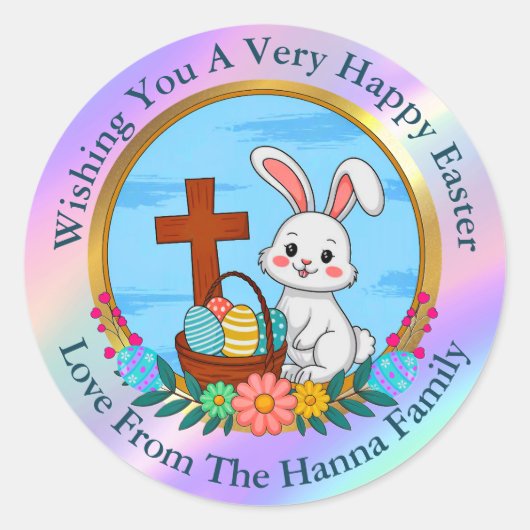 Religious Happy Easter, Bunny with Cross & Egg Ronde Sticker (Voorkant)
