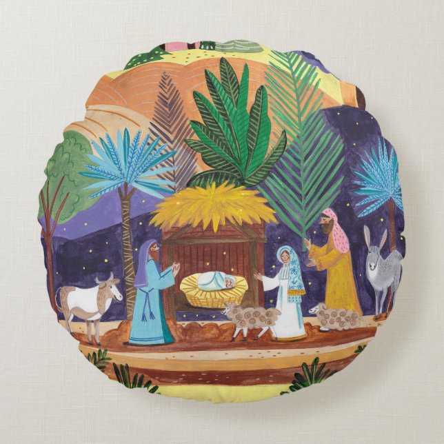 Religious Nativity Scene Glory to God Christmas Rond Kussen (Voorkant)