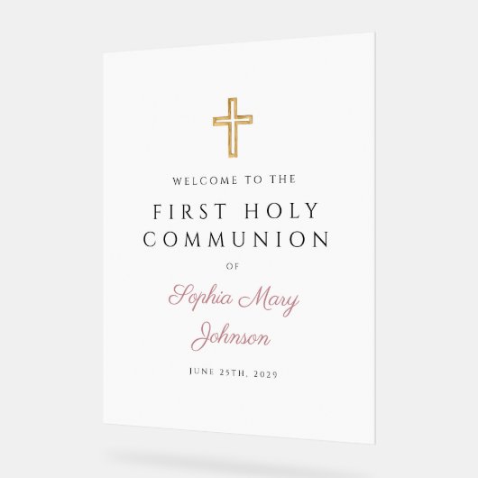 Religious Pink Script Girl First Communion Welcome (Angle)