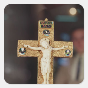 Reliquary kruisbeeld, ivoor Christus op goudkruis Vierkante Sticker