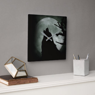 Reloj de Pared - Lobo Aullando a la luna Llena  Vierkante Klok