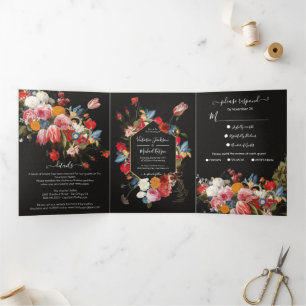 Rembrandt Floral Dark & Moody Wedding Kessel Drieluik Uitnodiging
