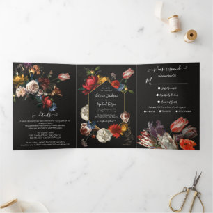 Rembrandt Floral Dark & Moody Wedding Tri-Fold Inv Drieluik Uitnodiging