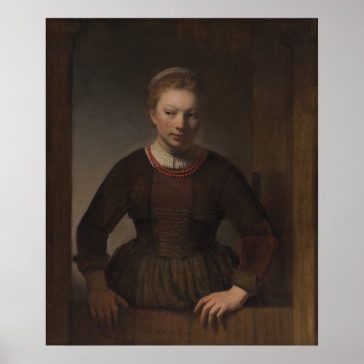 Rembrandt - Jonge Vrouw bij een Open Halfdeur Poster (Voorkant)