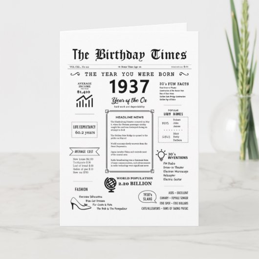 Remerciements 1937 L'Année De Votre Naissance Carte D'Anniversai (Devant)