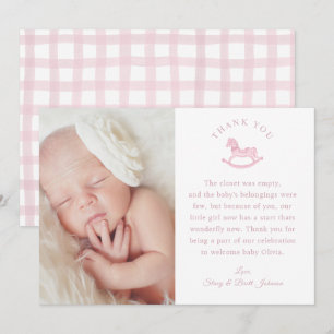 Remerciements Baby shower de fille rose En vichy Carte de remerc