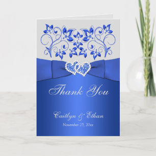 Remerciements Bleu, Gris Floral, Coeurs Mariage Carte de remerci