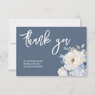 Remerciements Carte de baby shower floral bleu et blanc poussiér