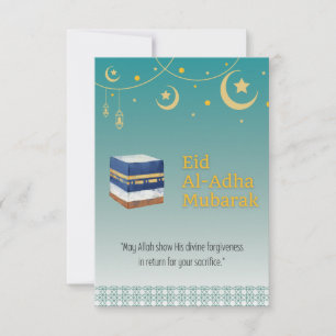 Remerciements Carte de l'Aïd Al-Adha Moubarak en bleu et Ka'bah