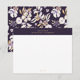 Remerciements Carte de monogramme couleur or fleuri violet foncé