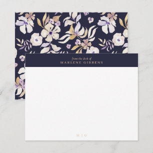Remerciements Carte de monogramme or floral bleu marine