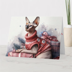 Remerciements Carte de Noël en aquarelle pour chat Sphynx de Noë