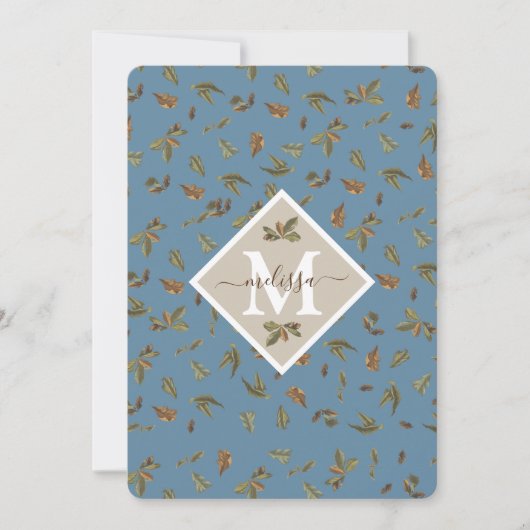 Remerciements Carte de note Monogramme Feuille Dusty Blue Rustic (Devant)