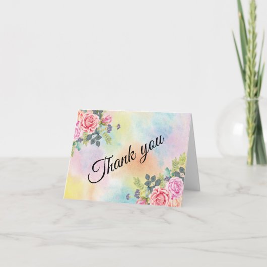 Remerciements Carte de notes couleur d'aquarelle vert rose Fleur (Devant)
