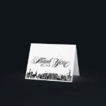 Remerciements Carte de remerciement avec vue sur la skyline chic<br><div class="desc">Illustration graphique en noir et blanc de l'horizon de la bande de Las Vegas avec un script calligraphique gras et noir, "Merci" rappelant la typographie des tatouages, sur un fond blanc. Parfait pour les cartes de remerciement pour votre mariage à Las Vegas. Pour ajouter votre propre nom et/ou message à...</div>