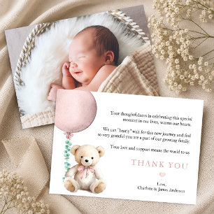 Remerciements Carte de remerciement bébé ours en peluche rose Be