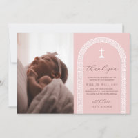 Carte de remerciement de baptême photo rose à clé 