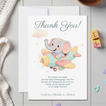 Carte de remerciement éléphant avion aquarelle