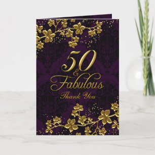Remerciements Carte de remerciement Floral Gold Purple 50 & Fabu