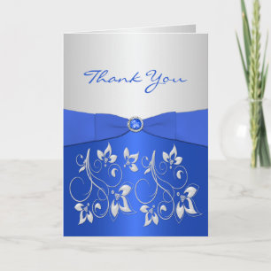 Remerciements Carte de remerciement florale Bleu Cobalt et Argen