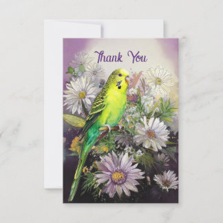 Remerciements Carte de remerciement Perruche et Fleurs