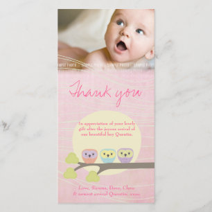 Remerciements Carte de remerciement photo bébé rose Chouettes Mi