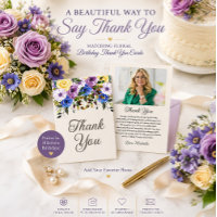 Carte de remerciement photo d'anniversaire fleurs