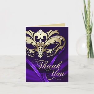 Remerciements Carte de remerciement violette Mascarade dorée
