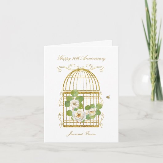 Remerciements Carte de voeux Gold Birdcage avec Roses Blanches (Devant)