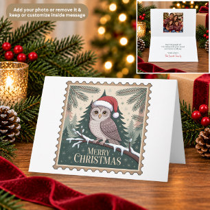Remerciements Carte de vœux timbre-poste Chouette de Noël