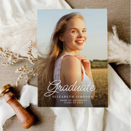Remerciements carte photo de graduation de script blanc