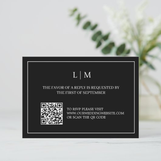 Remerciements Carte RSVP de mariage noir de code QR simple Monog (Debout devant)