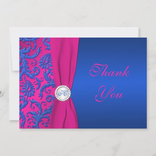 Remerciements Cobalt et Fuchsia Damask Monogram Carte de remerci (Devant)