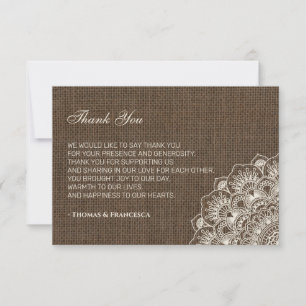 Remerciements Dentelle philippine sur Burlap Carte de remercieme