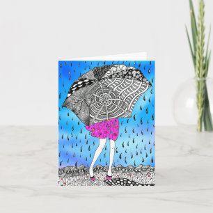 Remerciements Fille avec parapluie dans la carte de voeux de plu