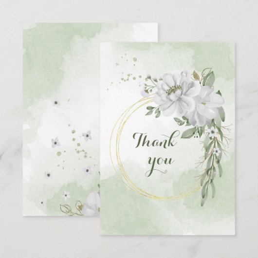 Remerciements fleurs blanches verdure or couronne carte de remer (Devant / Derrière)