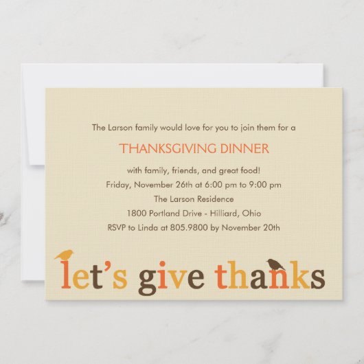 Remerciements Invitation Au Dîner De Thanksgiving (Devant)